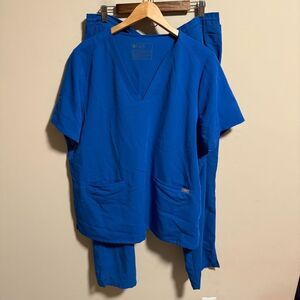 FIGS Yola Skinny Scrub Pants & Casma Three Pocket Scrub Royal Blue Set - Size 2X